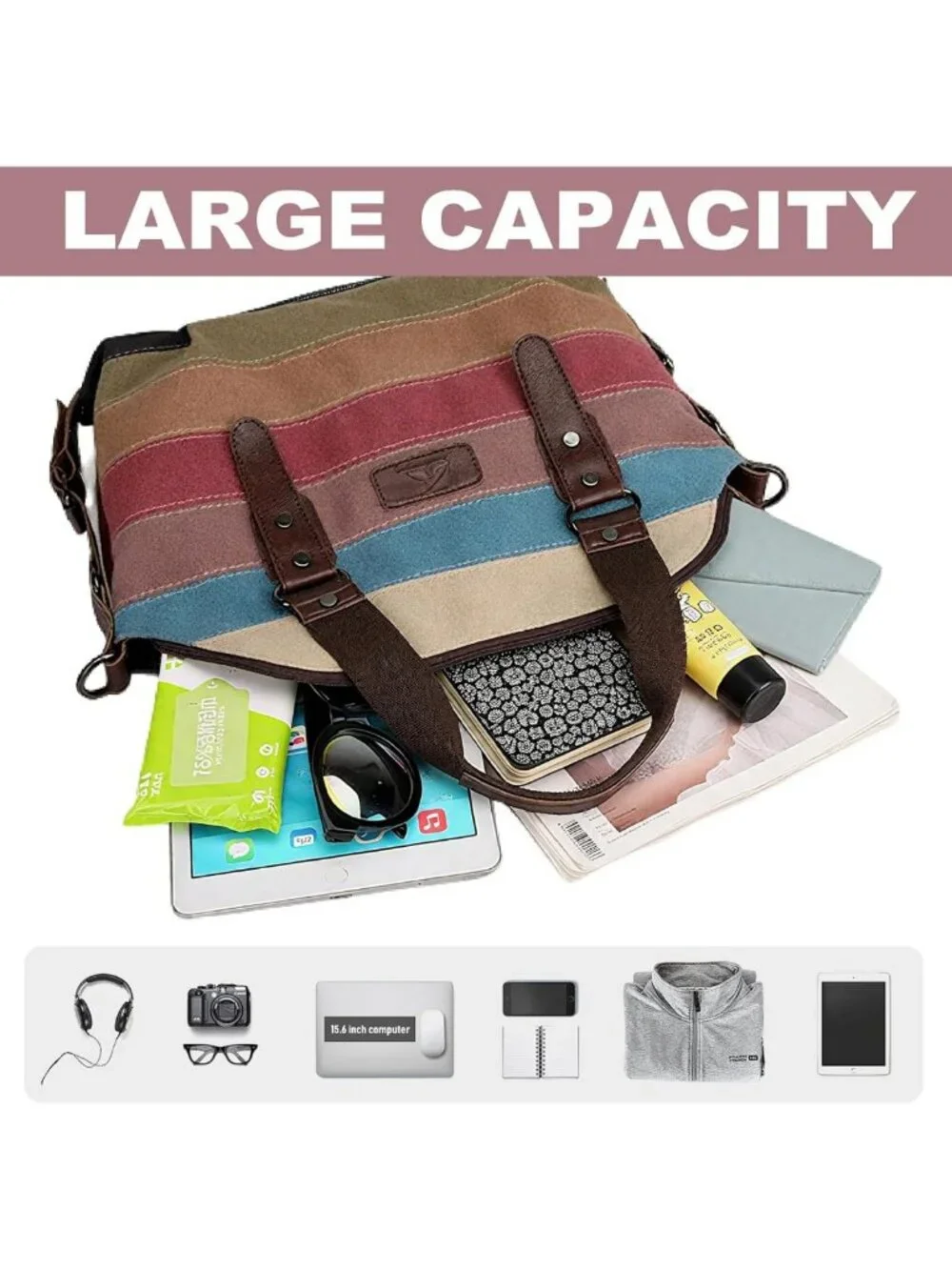 Multicolor Striped Canvas Messenger Bag, Stylish Crossbody Purse with Pockets